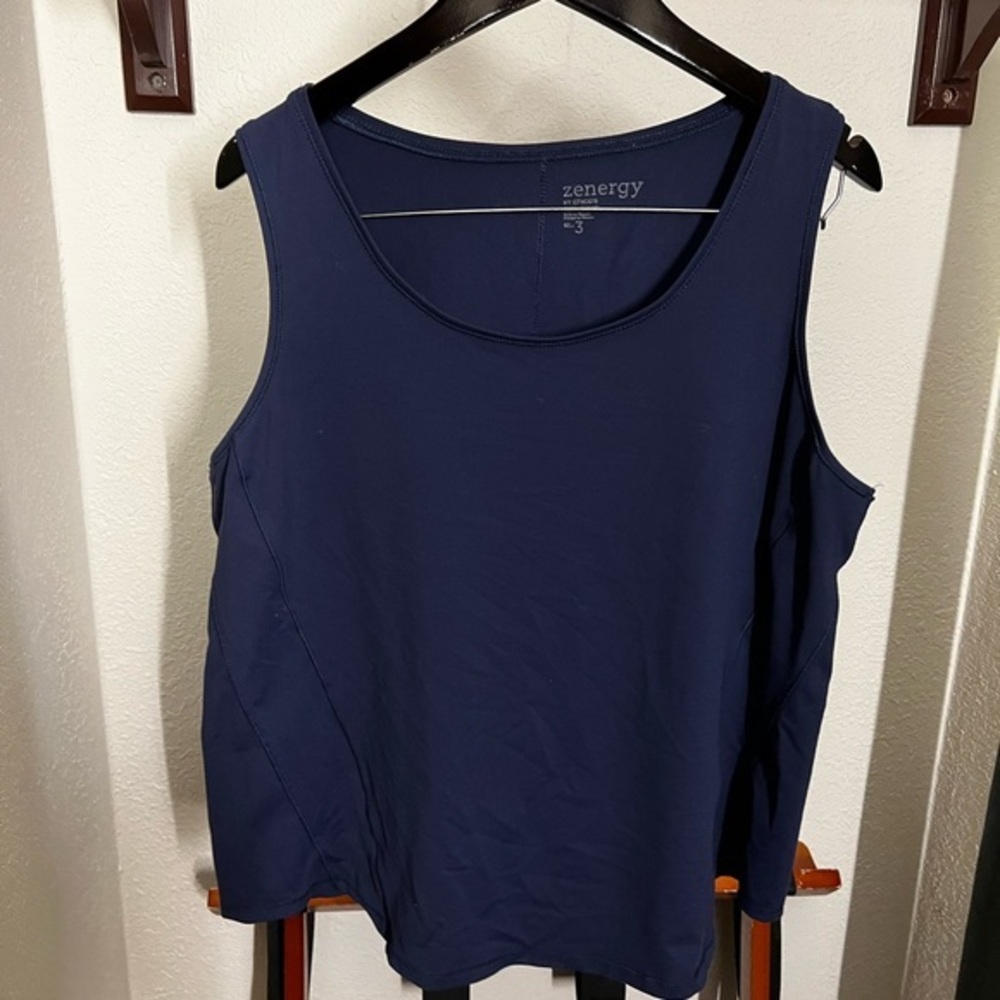 Chico's 3 Zenergy Sleeveless Top XL Navy Blue Shirt Modal Stretch Tank Scoop